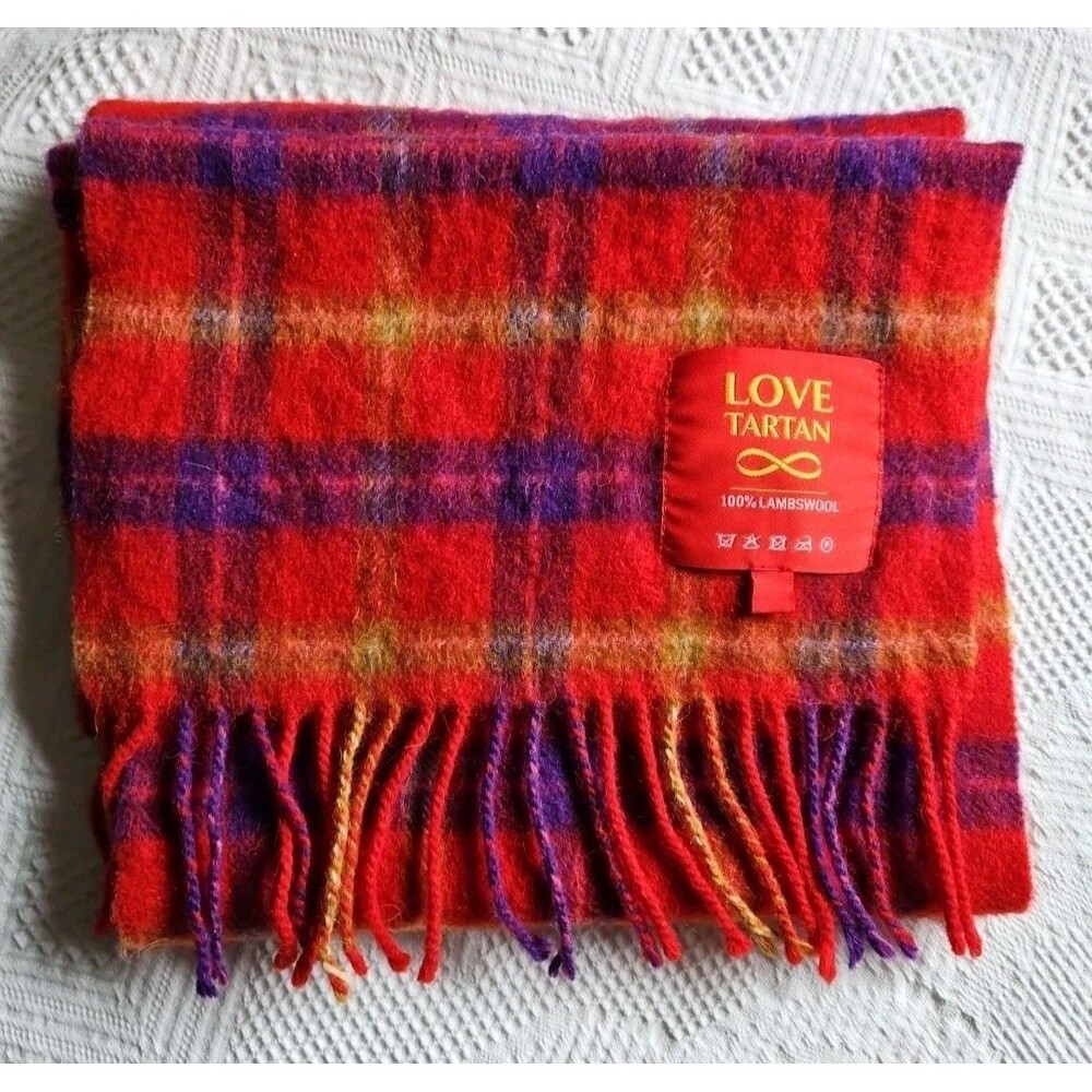 Love Tartan 100% Lambswool Scarf  Red Purple Plaid 10x62 EUC